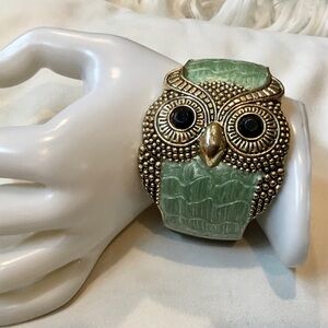 Owl Cuff Bracelet Large Statement Enamel Mint Green Hinged Gold Toned
